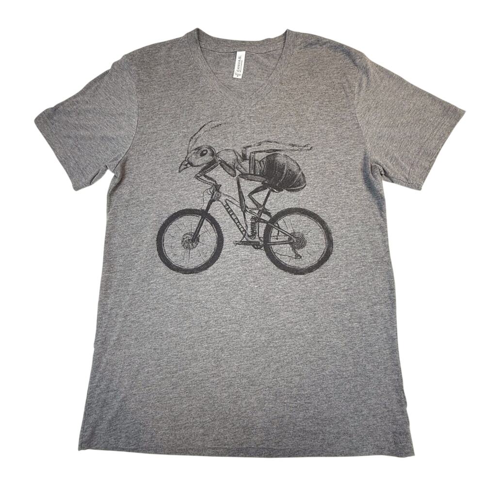 Unisex Canvas Gray T shirt with Ant on a Bicycle Graphic Short Sleeve V Neck - Picture 7 of 16